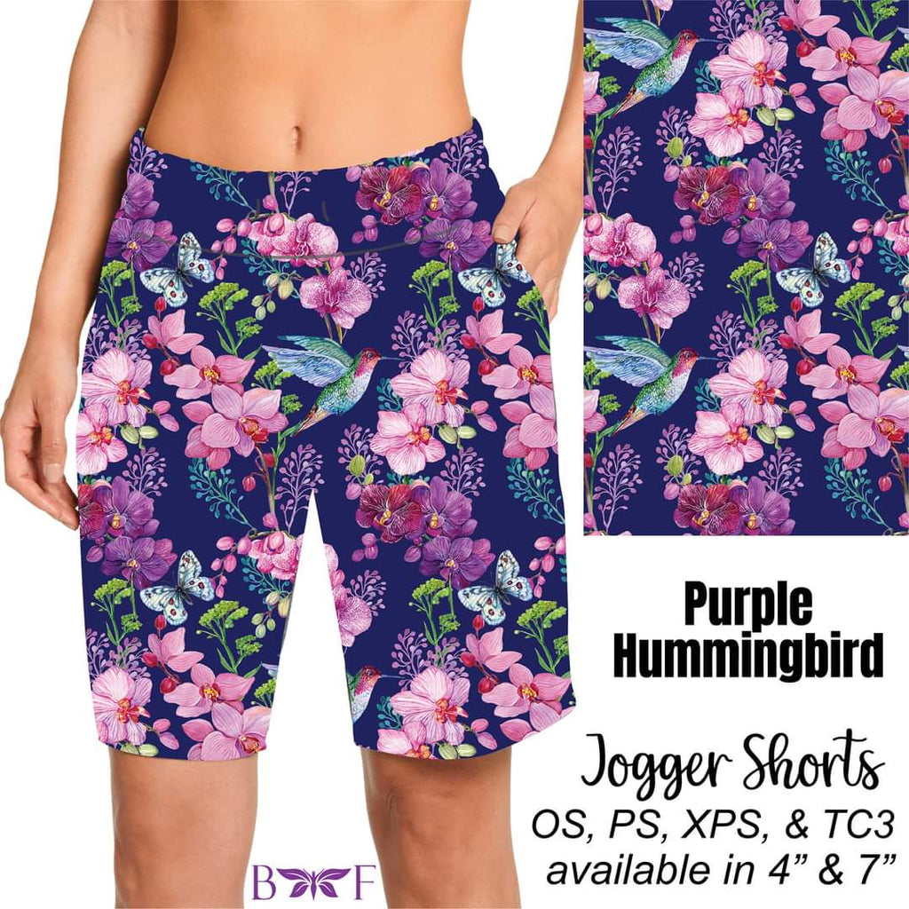 Purple Hummingbird skorts, capris and shorts with pockets