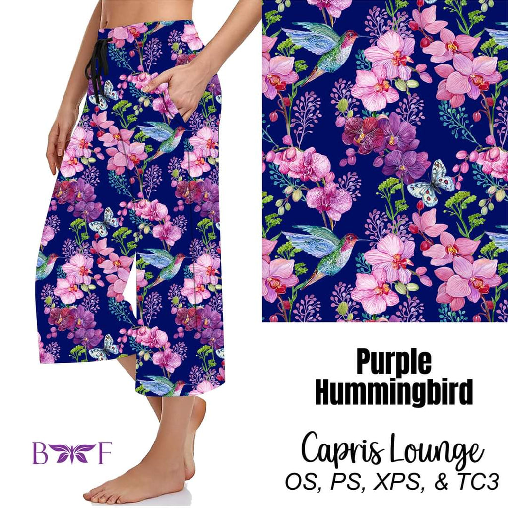 Purple Hummingbird skorts, capris and shorts with pockets