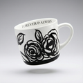 White mug with black floral design and 'Forever & Always' text on a gray background