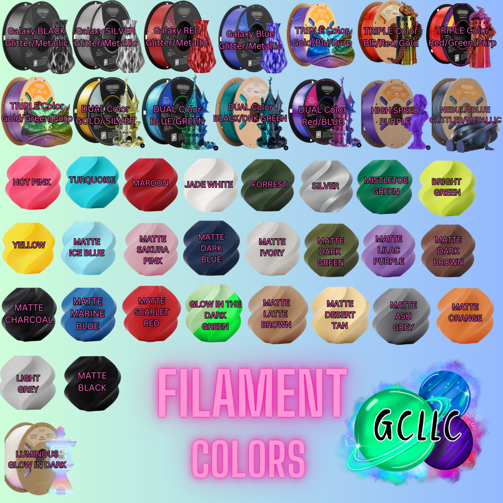 Color swatches with various filament colors and GCLLC branding.