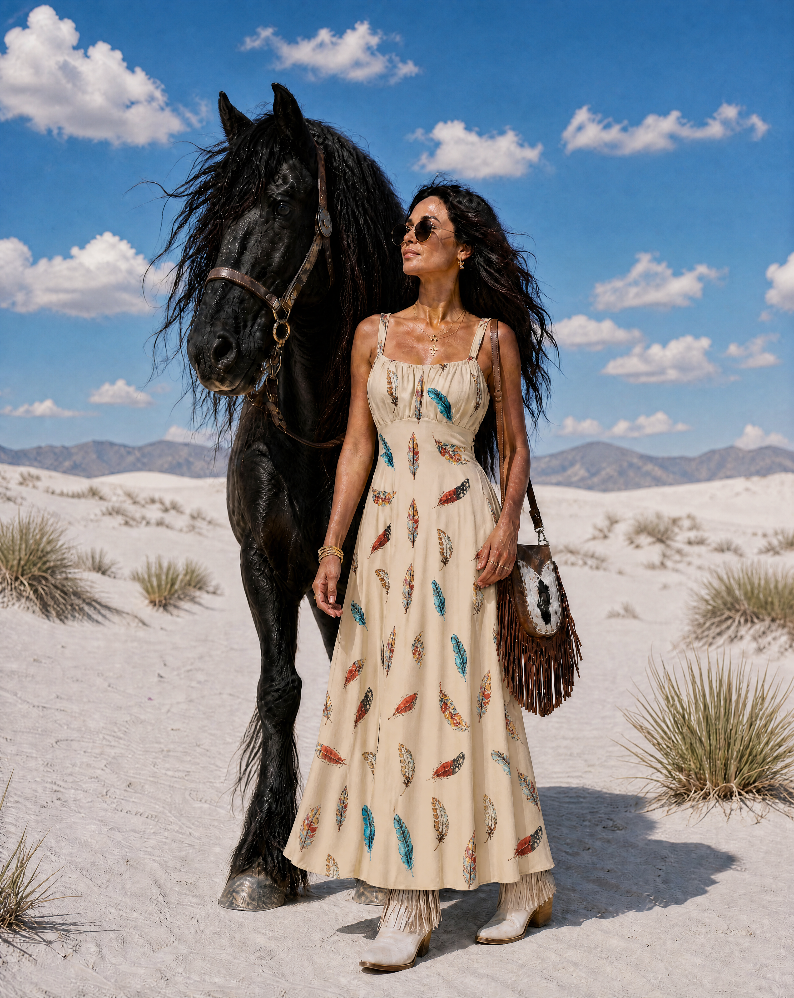 Baha Ranch Country Girl Feather Print High Waist Sun Dress Dresses
