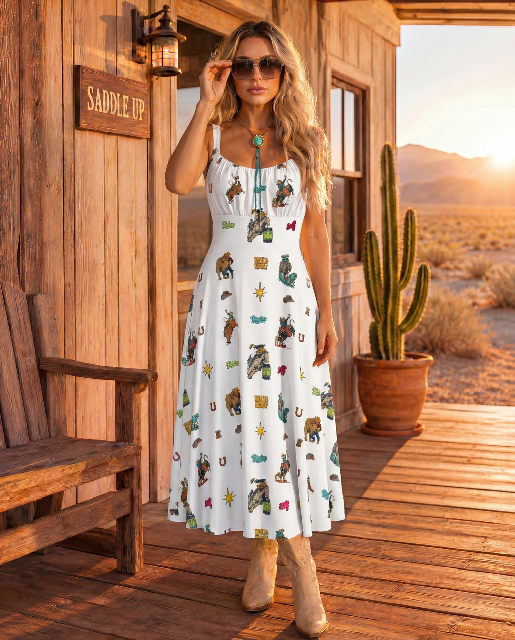 Baha Ranch The Last Roundup Western Rodeo Prairie Dress in White Dresses
