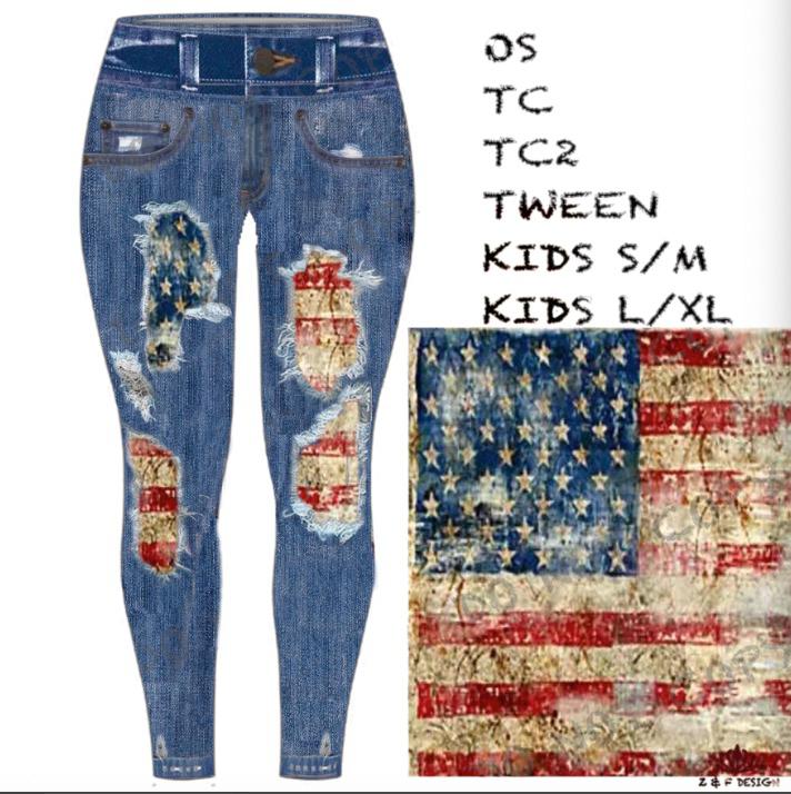 AMERICAN FLAG FAUX DENIM LEGGINGS AND CAPRI WITH POCKETS