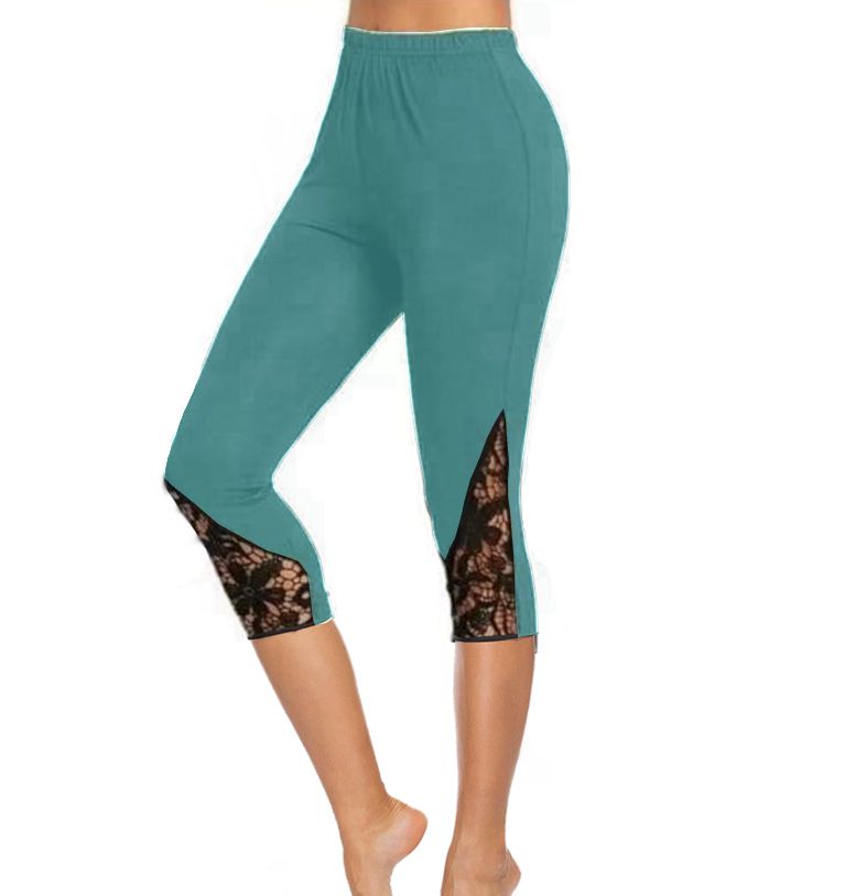 LIGHT TEAL CAPRI WITH POCKETS AND LACE INSERTS