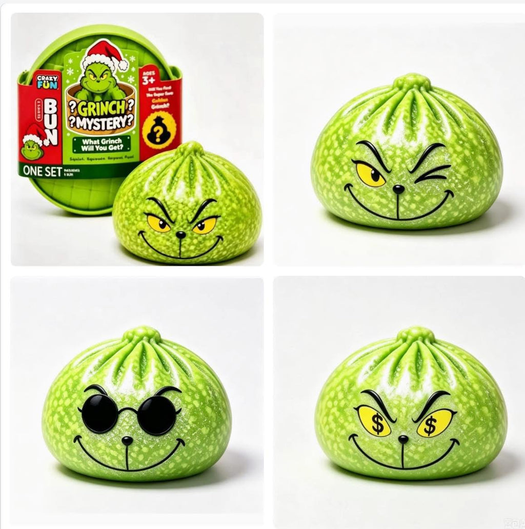 A four-panel product collage showing a Grinch-themed squishy toy. The top-left panel shows the packaged toy and its retail box on a white background.