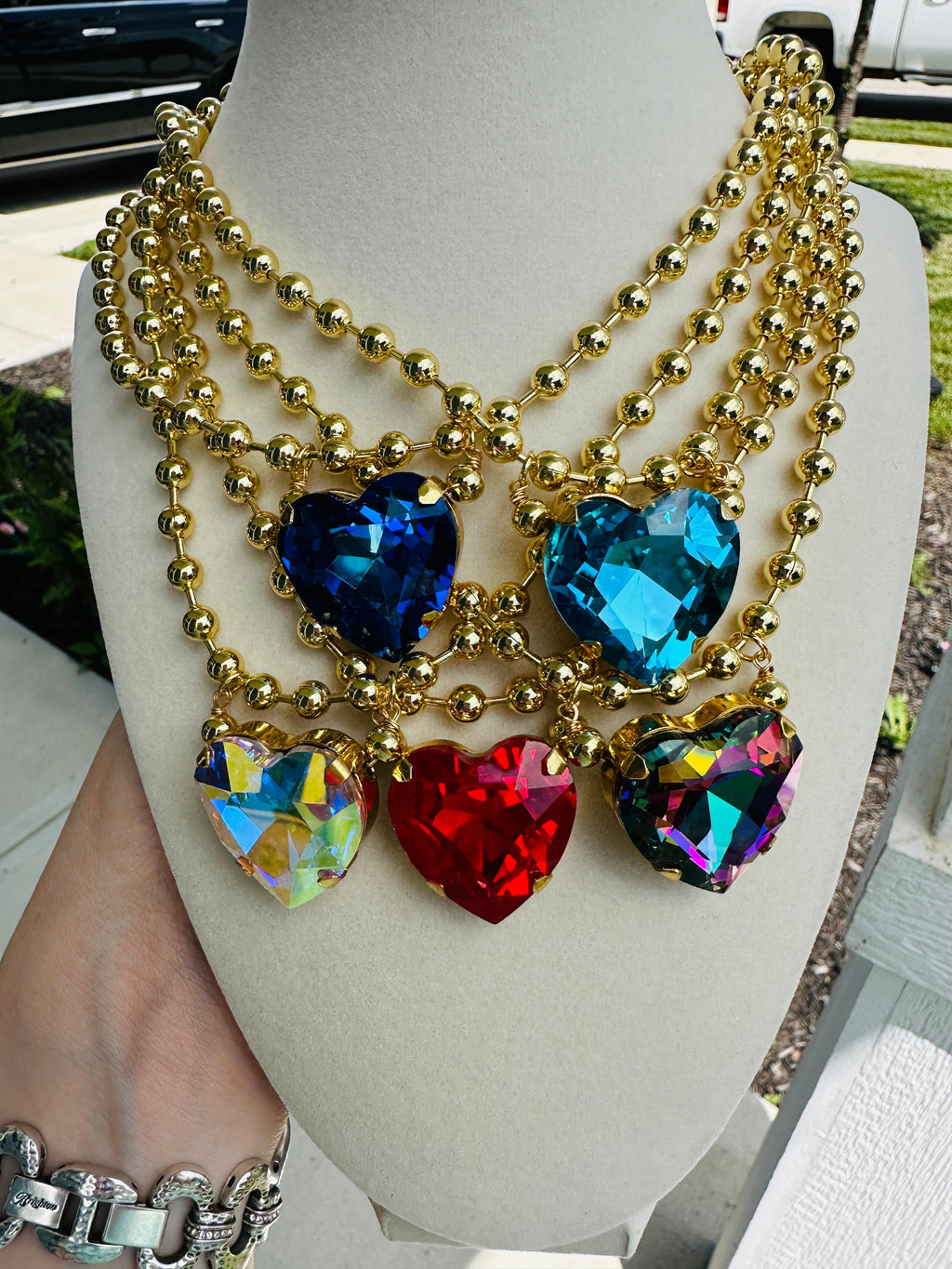 CRYSTAL HEART GOLD BEAD NECKLACE - 5 COLORS