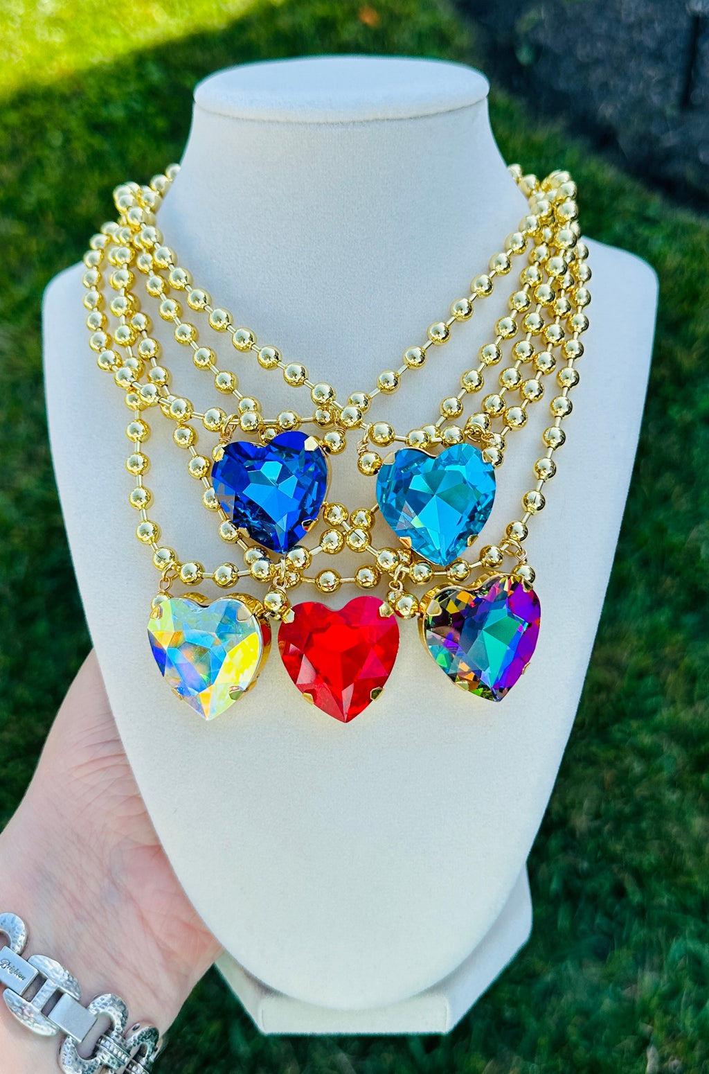 CRYSTAL HEART GOLD BEAD NECKLACE - 5 COLORS