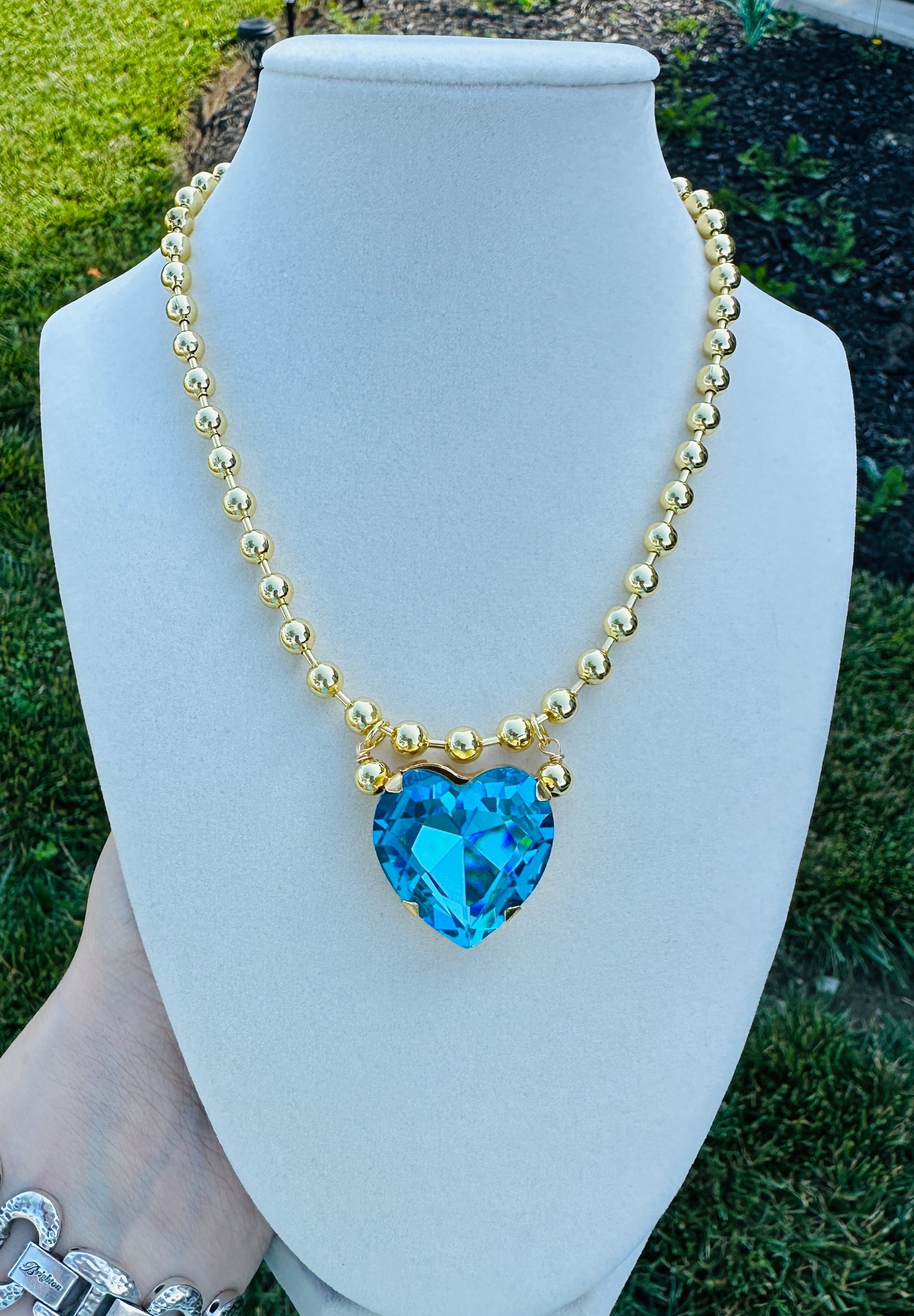 CRYSTAL HEART GOLD BEAD NECKLACE - 5 COLORS Necklace