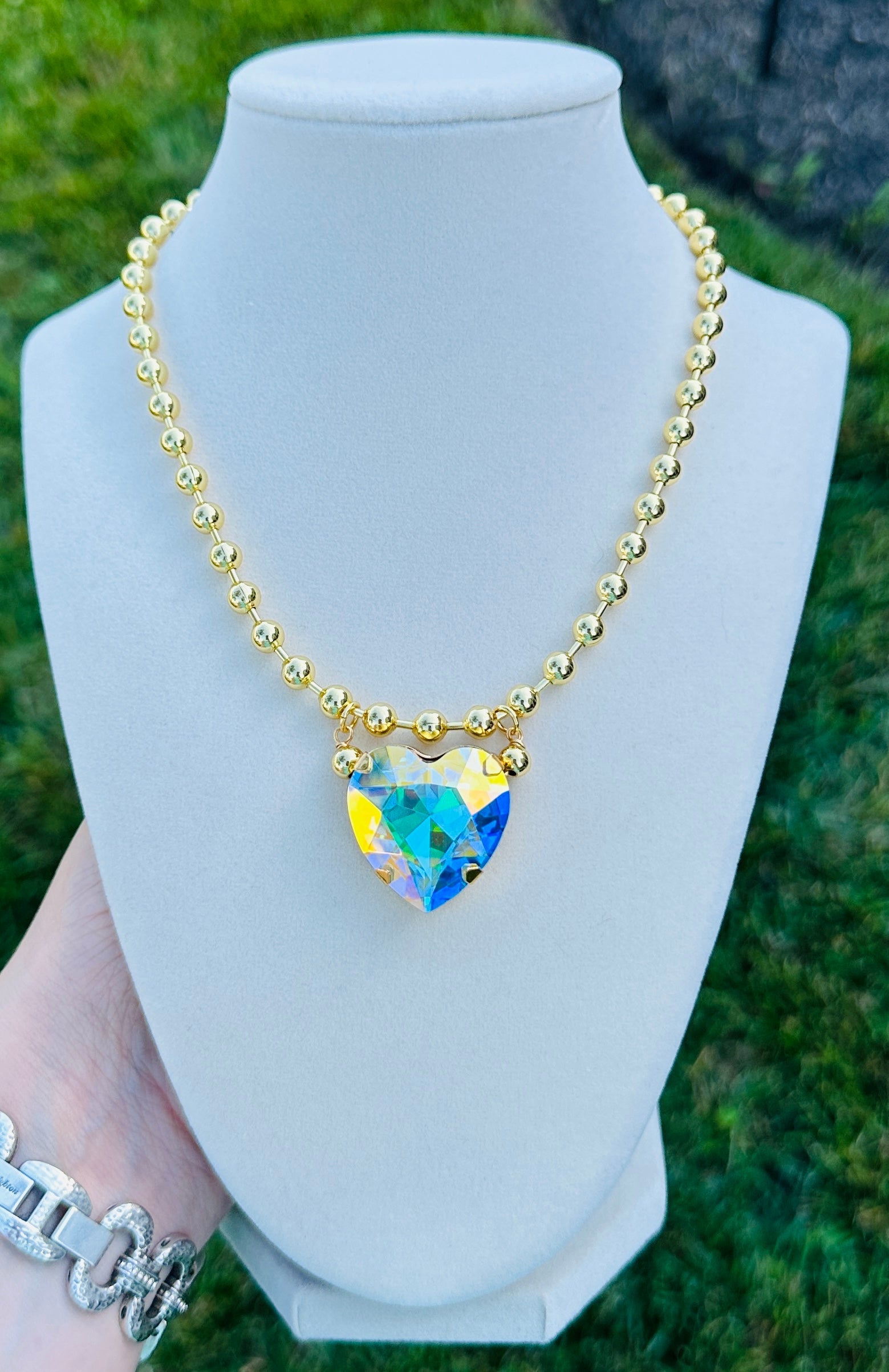 CRYSTAL HEART GOLD BEAD NECKLACE - 5 COLORS Necklace