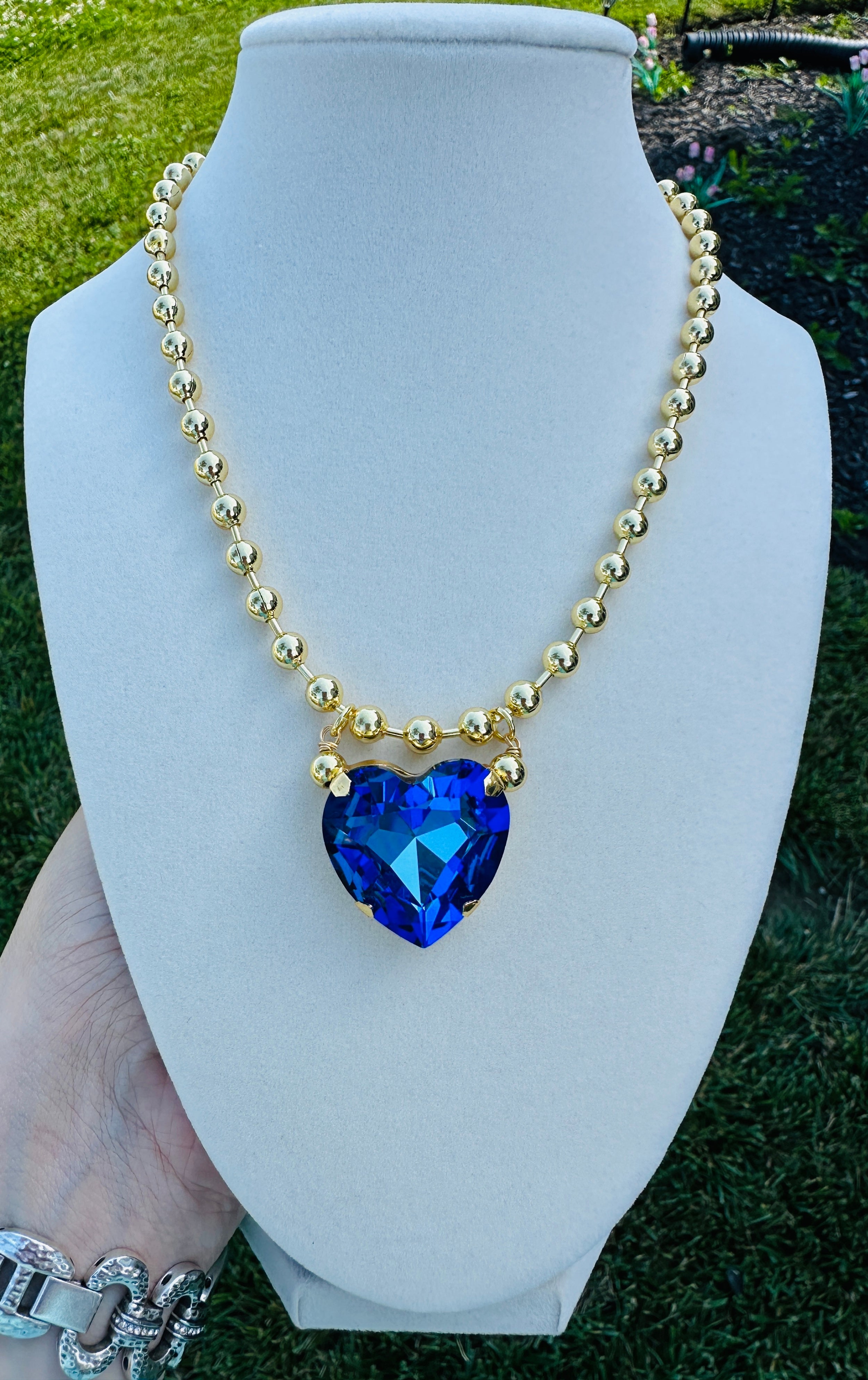 CRYSTAL HEART GOLD BEAD NECKLACE - 5 COLORS Necklace
