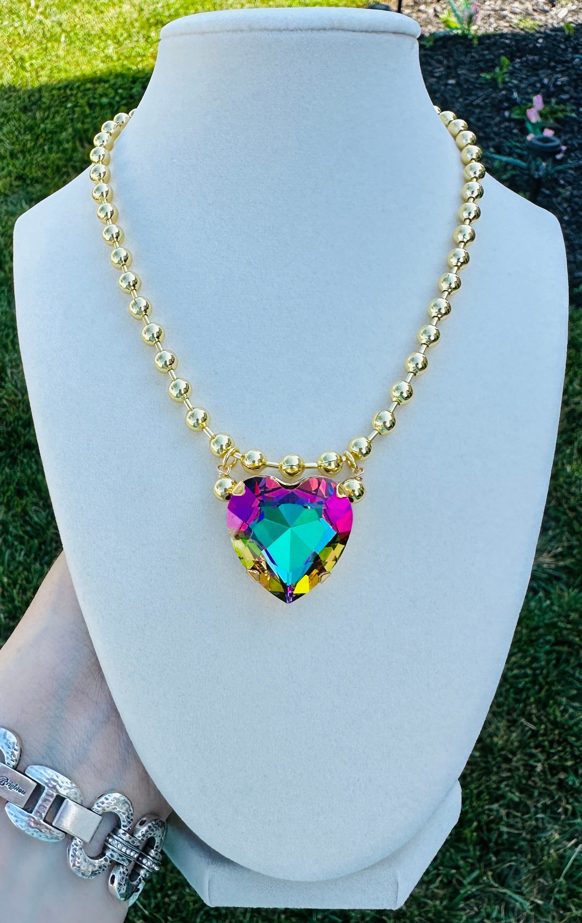 CRYSTAL HEART GOLD BEAD NECKLACE - 5 COLORS Necklace