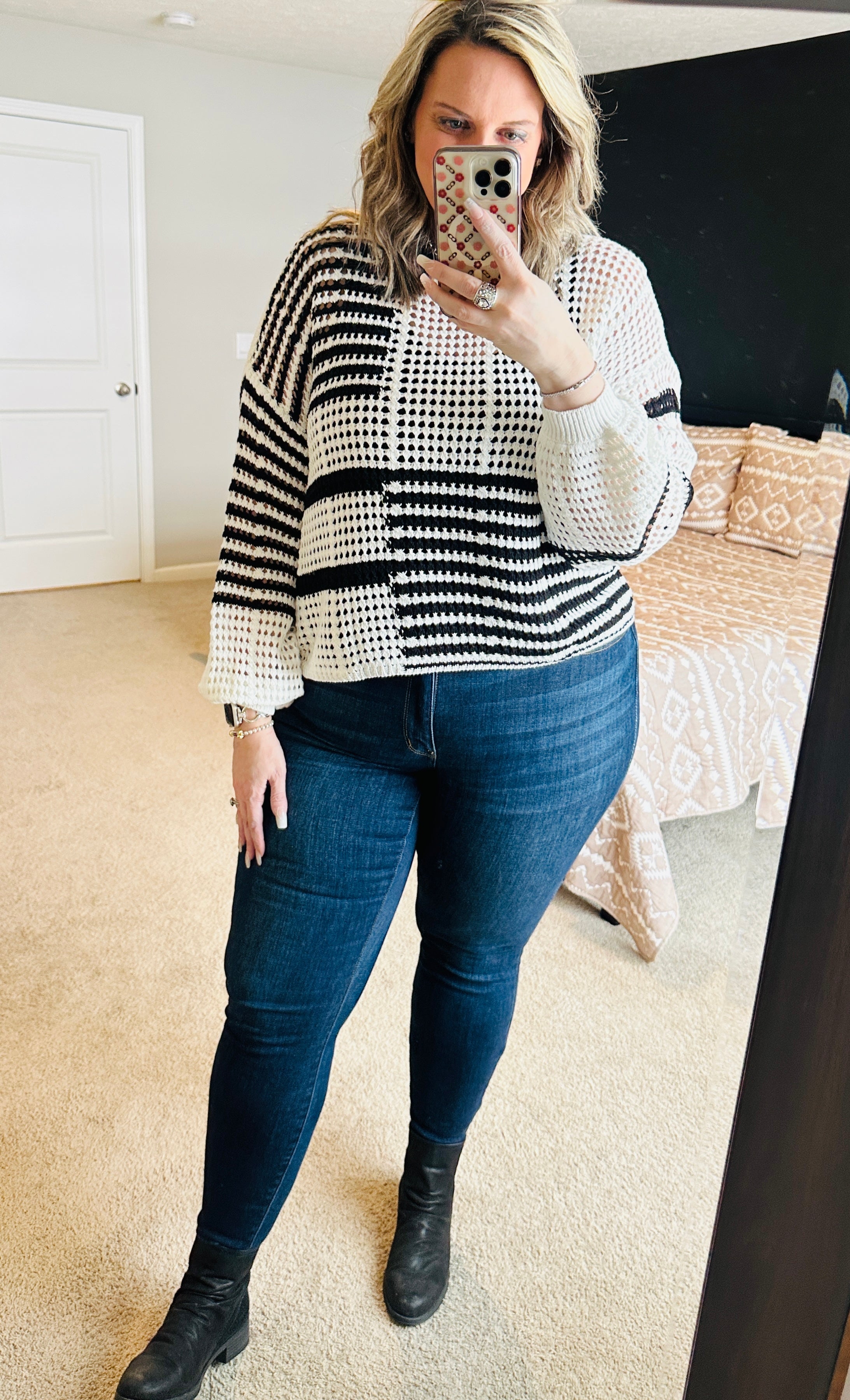 Black and White Stripe Knit  Plus Size Sweater