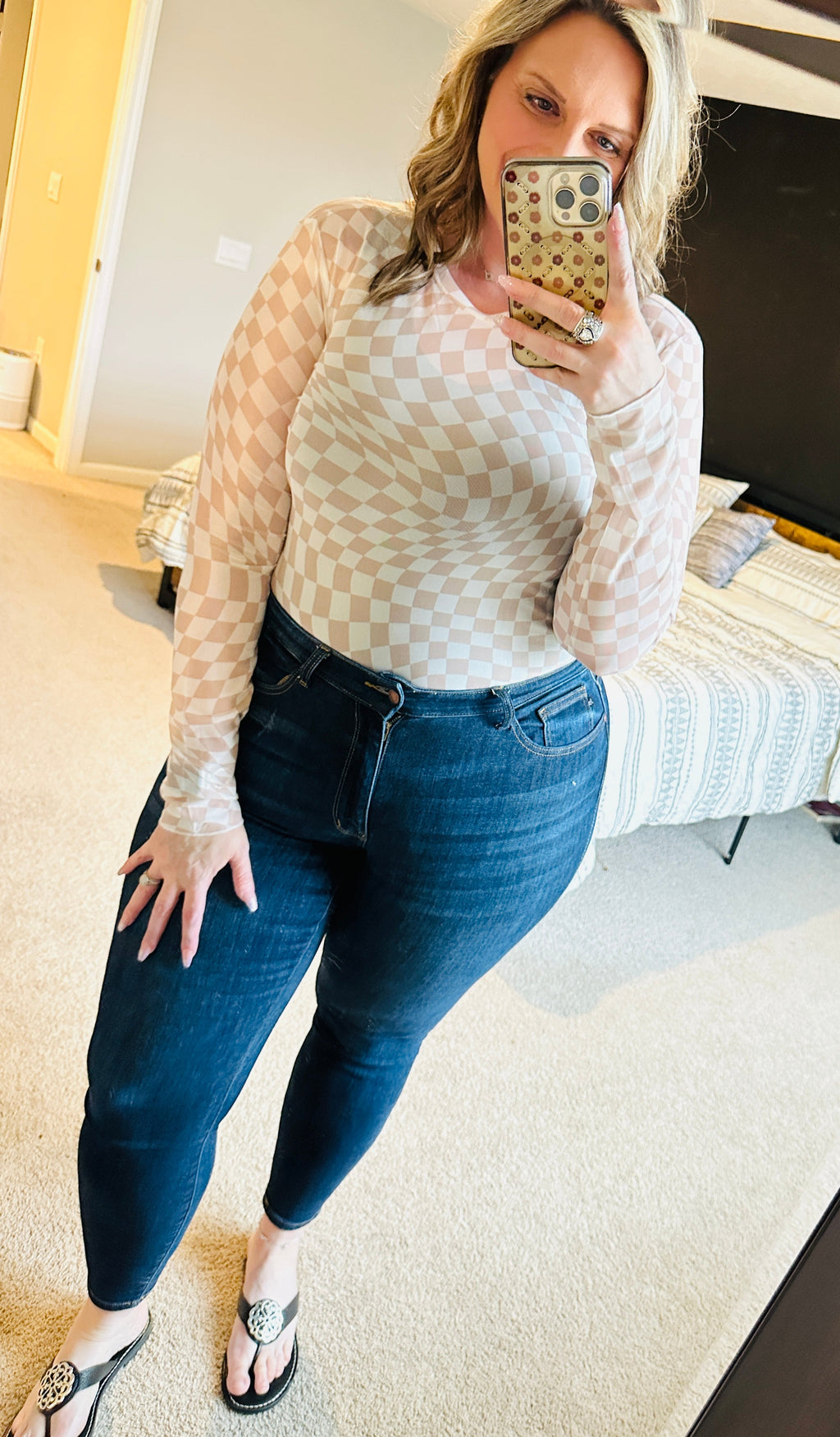 Check Mesh Long Sleeve Top