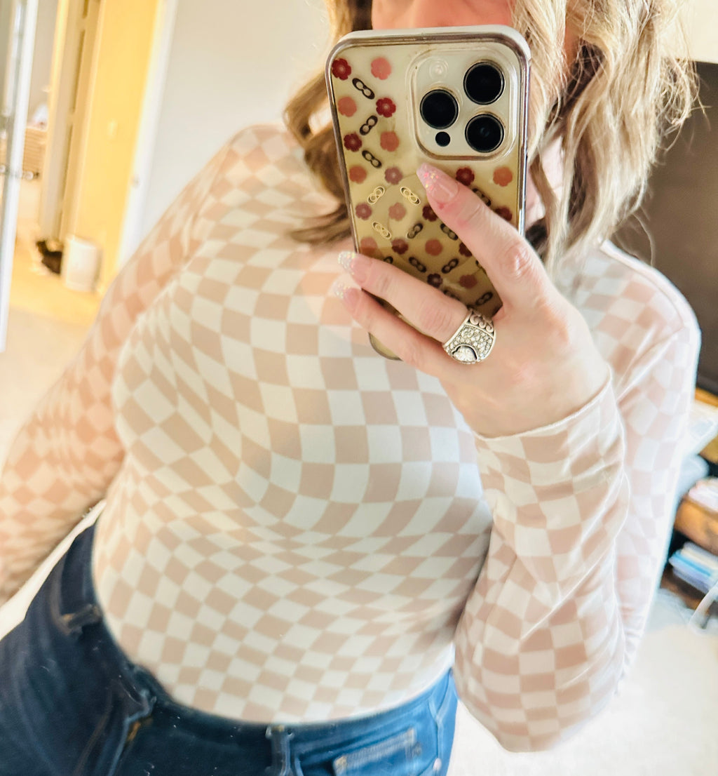 Check Mesh Long Sleeve Top
