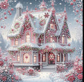 A whimsical winter holiday scene featuring a large pink house covered in snow, decorated with glowing lights, ornaments, and floral garlands, surrounded by falling snow and pink blossoms.