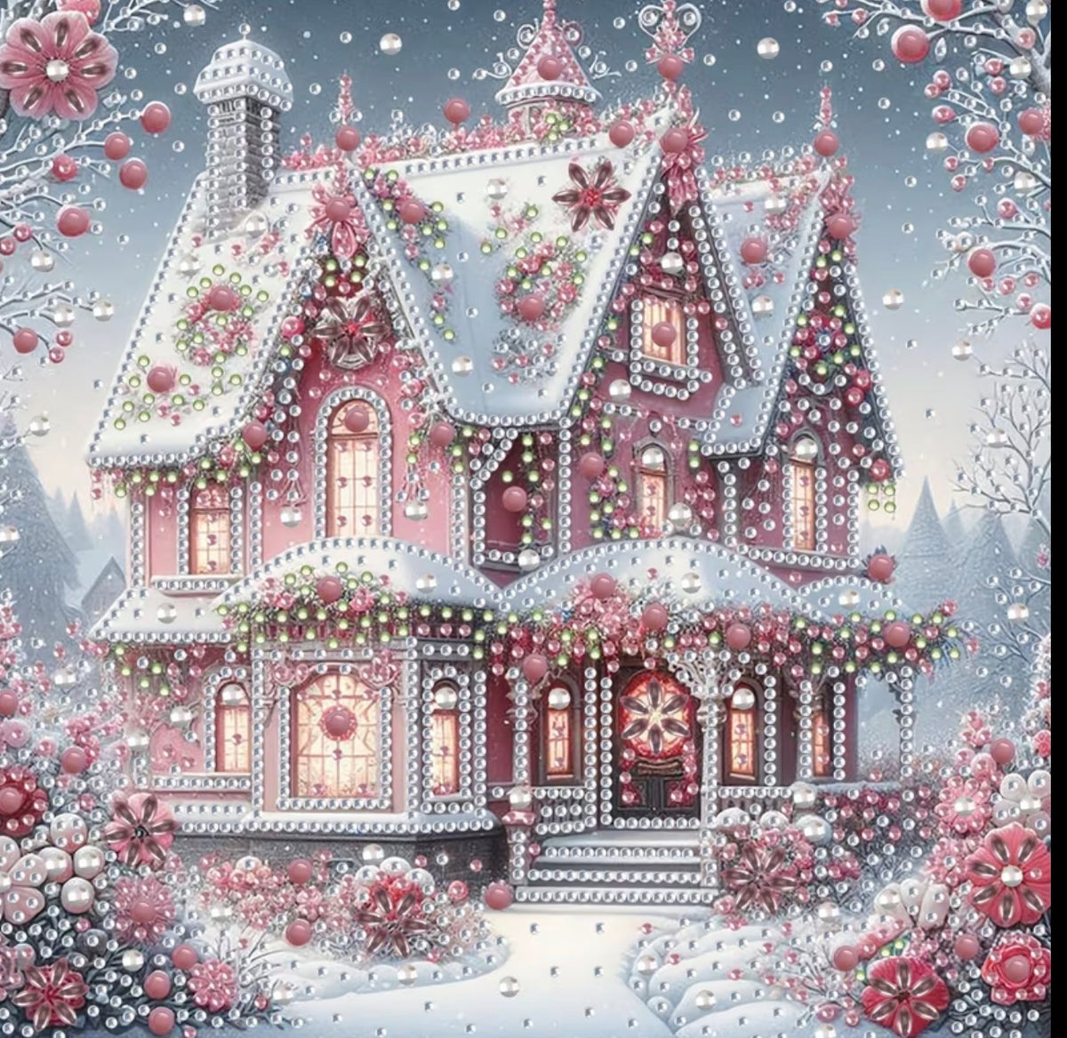 A whimsical winter holiday scene featuring a large pink house covered in snow, decorated with glowing lights, ornaments, and floral garlands, surrounded by falling snow and pink blossoms.