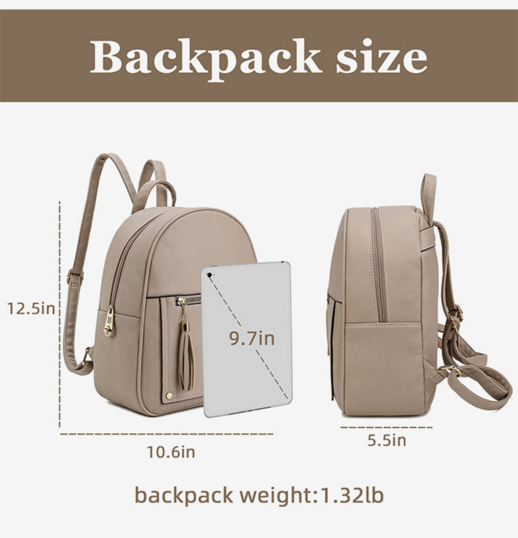 Backpack size chart showing two views of a taupe backpack with dimension measurements: front view labeled 12.5in tall by 10.