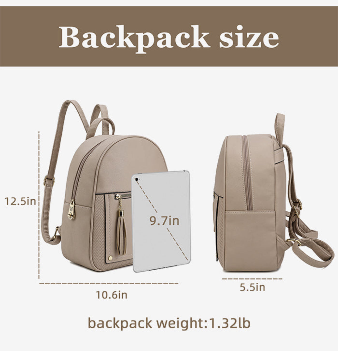 Backpack size chart showing two views of a taupe backpack with dimension measurements: front view labeled 12.5in tall by 10.