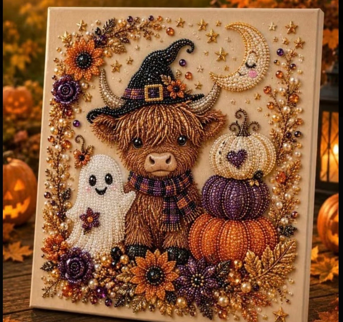 A square beaded canvas art piece featuring a Highland cow in a witch hat, a ghost, stacked pumpkins, sunflowers, and a crescent moon, displayed against a warm, blurred autumn background.