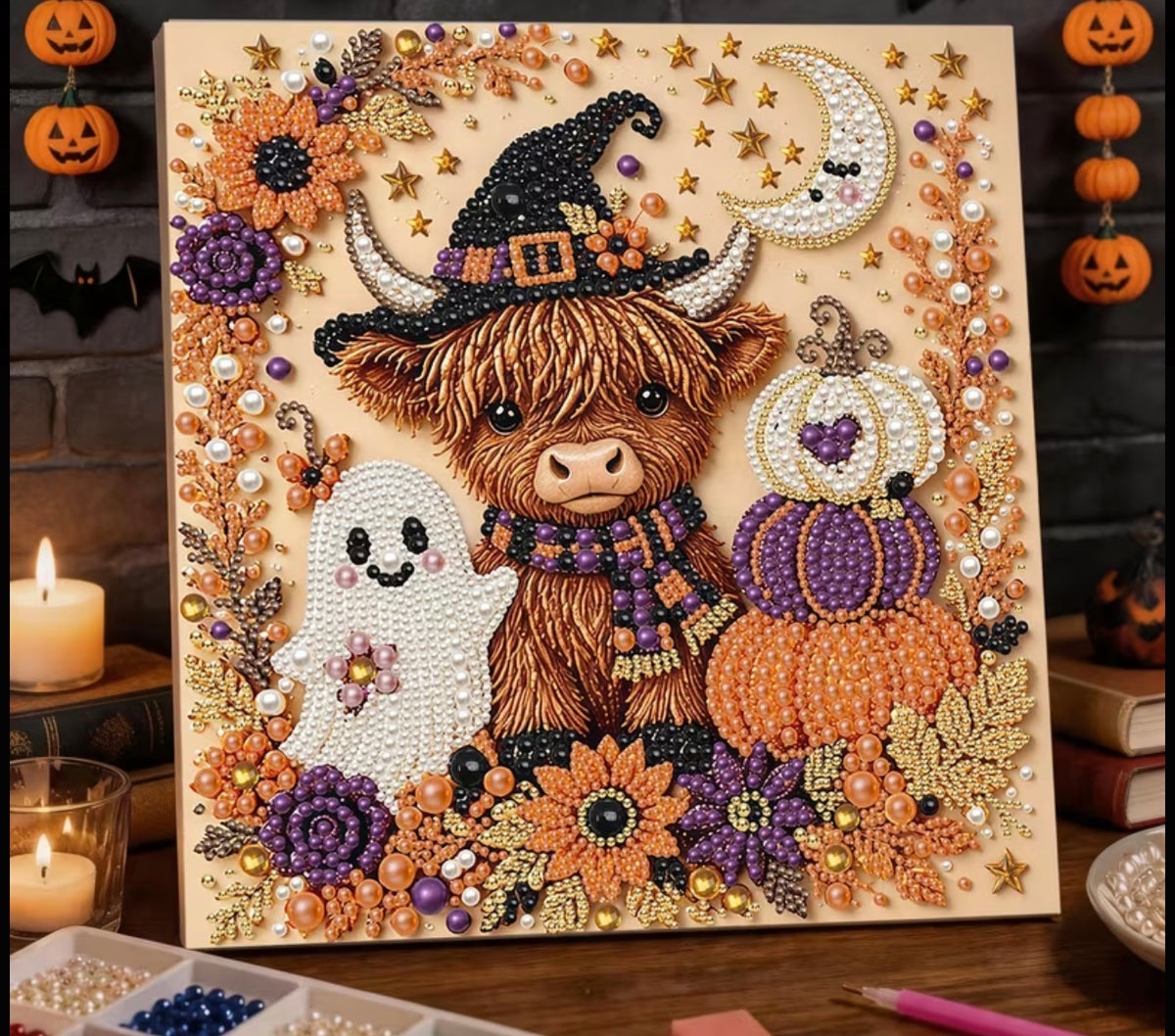 HALLOWEEN HIGHLAND HEIFER GHOSTLY GOOD TIMES | DIAMOND PEARL CRAFTING KIT diamond art kit