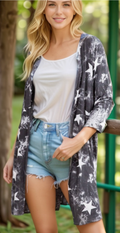 3/4 SLEEVE TIE DYE STAR PRINT OPEN CARDIGAN WITH POCKETS Cardigan