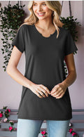 SHORT SLEEVE SPLIT ROUND NECK RIBBED TOP TOP