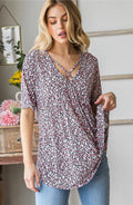 SHORT SLEEVE CRISS-CROSS VNECK ANIMAL PRINT BABYDOLL TOP TOP