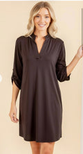THREE-QUARTER ROLL UP BUTTON SLEEVE COLLARED BLACK DRESS DRESS