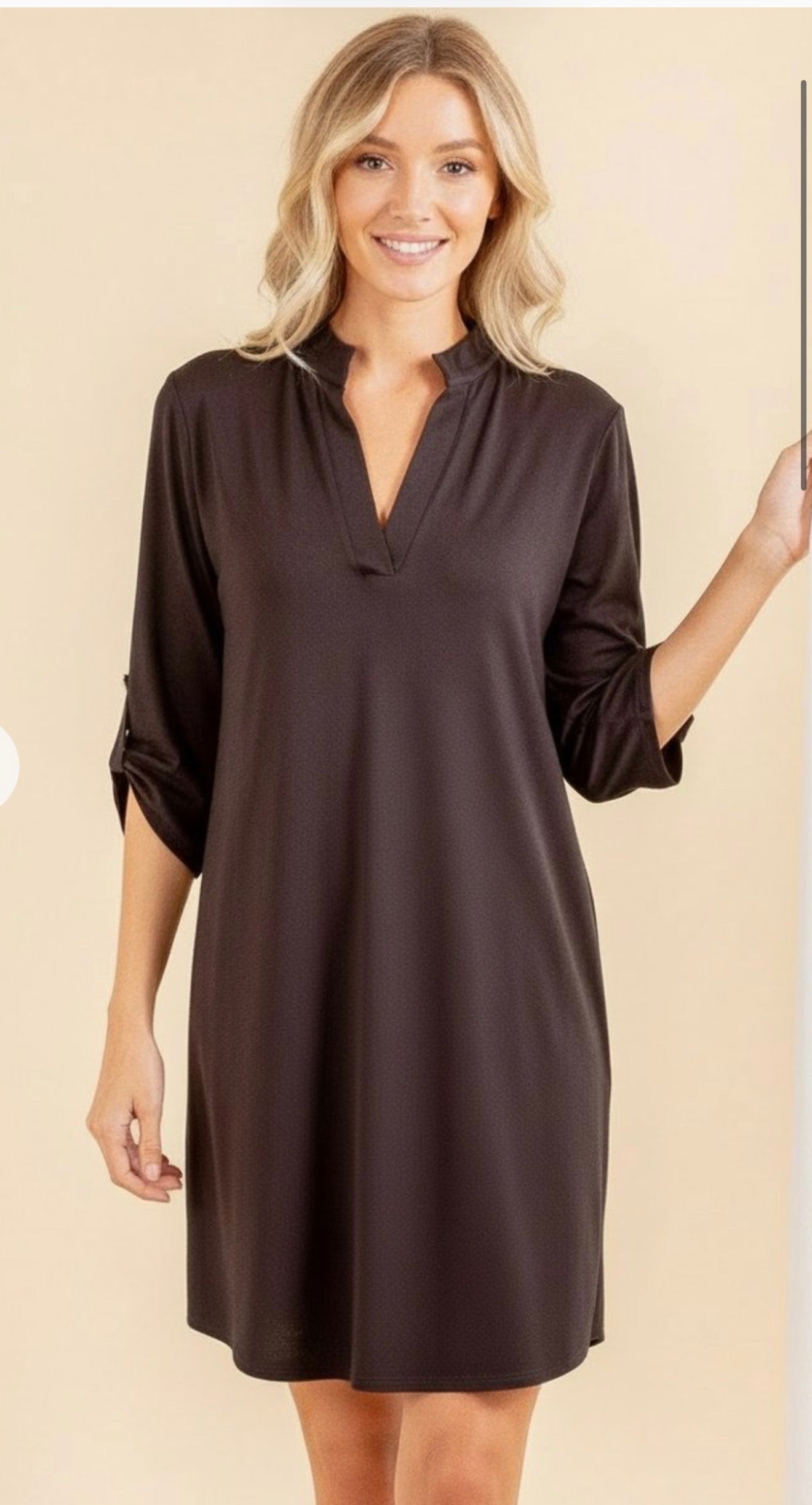 THREE-QUARTER ROLL UP BUTTON SLEEVE COLLARED BLACK DRESS DRESS