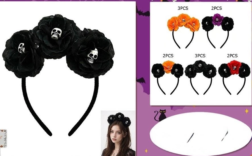 Day of the dead head band in multiple colors of orange, purple, black and red