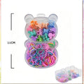A product catalog graphic for Princess Accessories showing bear-shaped clear plastic containers filled with multicolored rubber band sets. The main panel shows a large 11cm bear container with three smaller bear containers beside it, along with quantity labels '4PCS' and product code/price text.