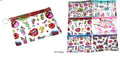 A collection of colorful cosmetic pouches with cartoon-style graphics, shown on a white background. On the left is a single pouch with a red zipper and a key ring, and on the right are five additional patterned pouches.