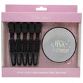 Célavi makeup tool set in pink retail packaging, including five black croc clips and a round 1.5x magnifying mirror visible through a clear plastic window.