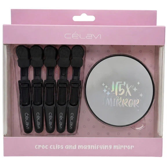 Célavi makeup tool set in pink retail packaging, including five black croc clips and a round 1.5x magnifying mirror visible through a clear plastic window.