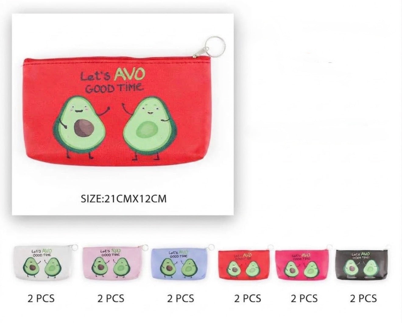 A red zip pouch with a cartoon avocado design and the text 'Let's AVO GOOD TIME' shown on a white background, with size text below and five smaller color variants along the bottom.