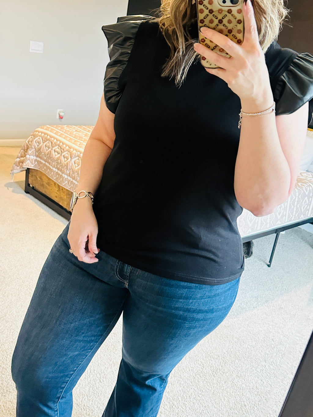 Leather Ruffle Shoulder Top