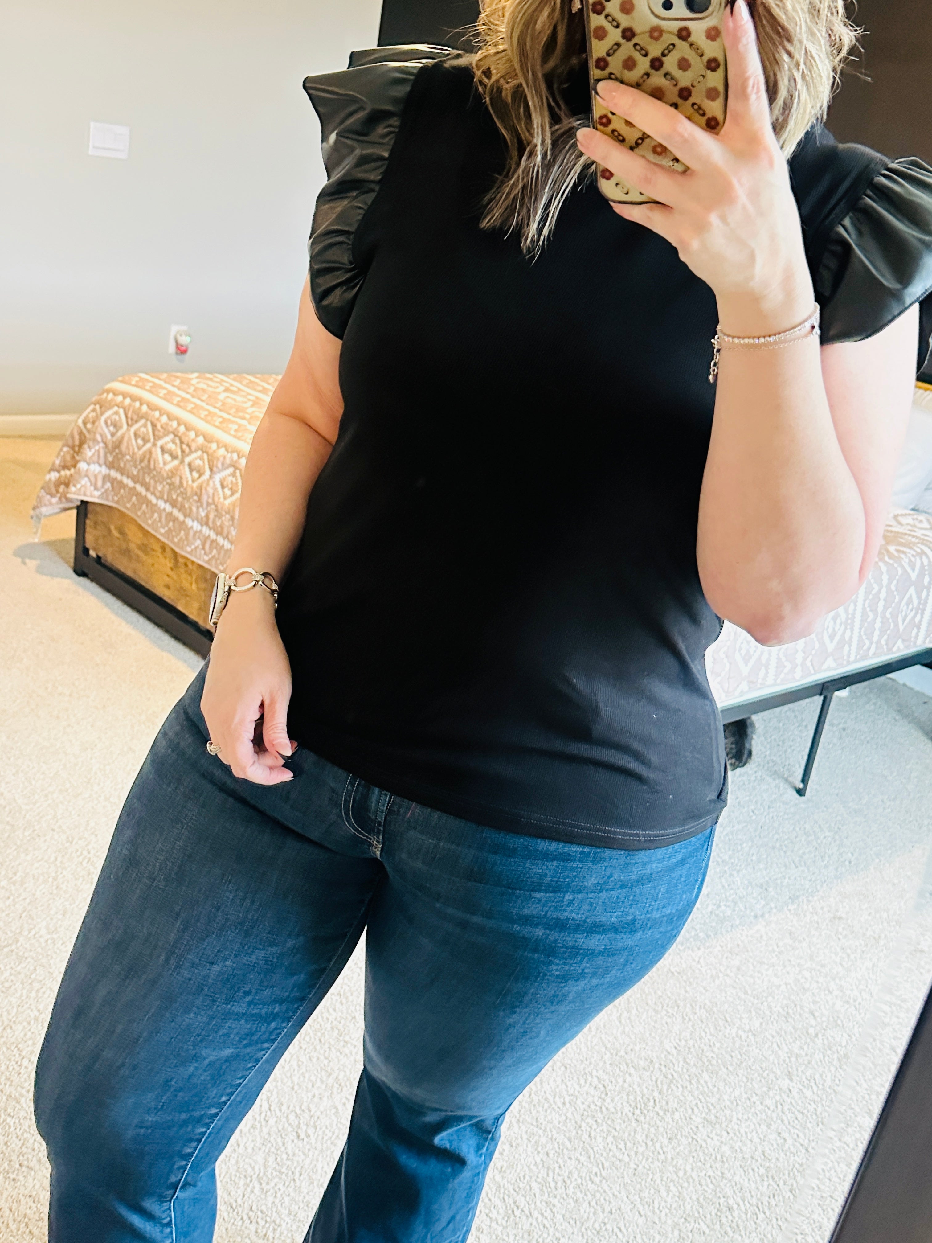 Leather Ruffle Shoulder Top