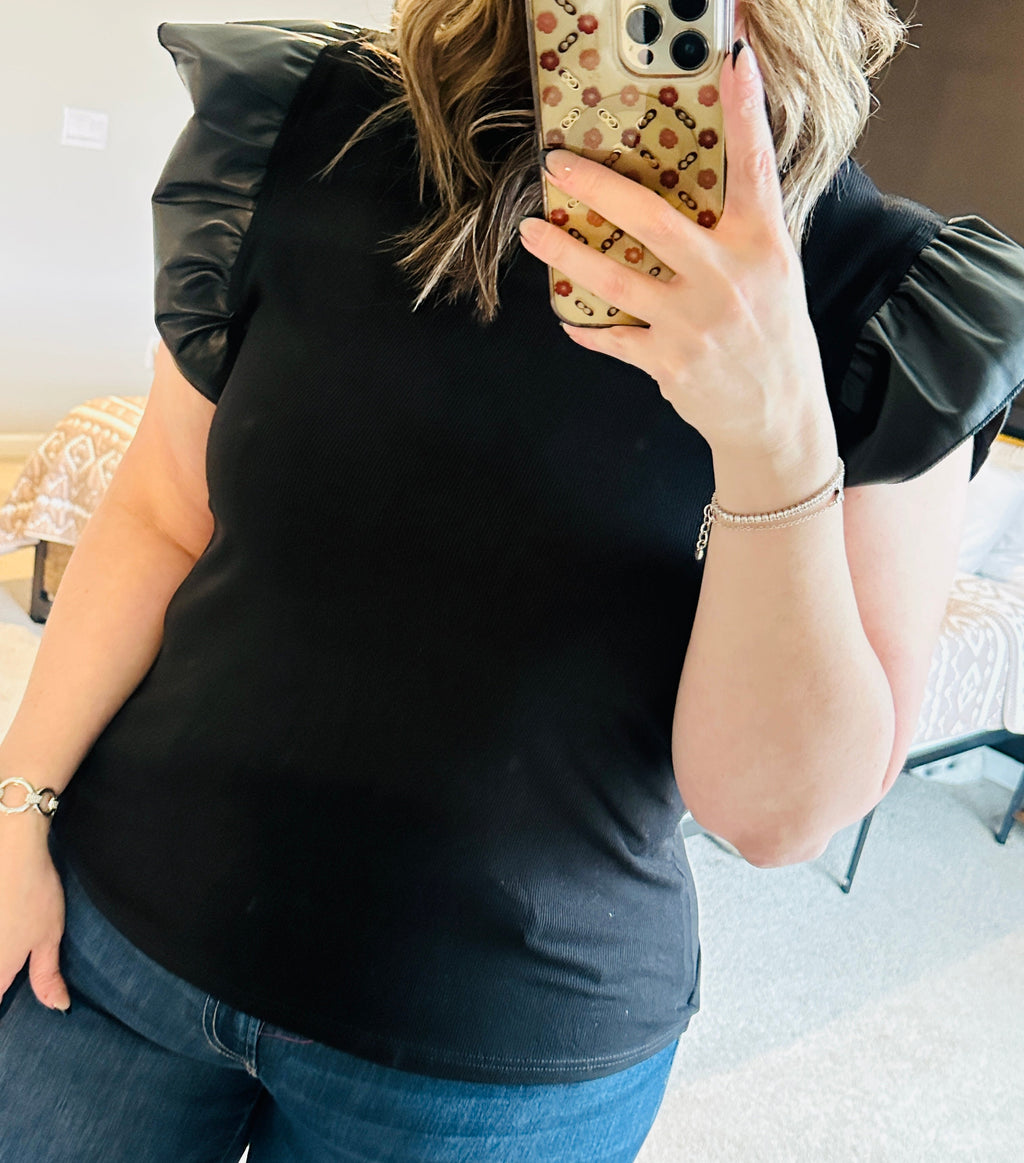 Leather Ruffle Shoulder Top