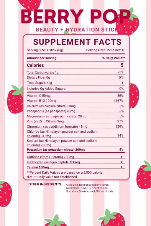 A pink and white supplement facts label for Berry Pop Beauty + Hydration Sticks, with a large serving size of 1 stick (1g) and a detailed nutrition table. The design features illustrations of red strawberries in the corners.