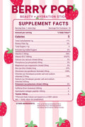 A pink and white supplement facts label for Berry Pop Beauty + Hydration Sticks, with a large serving size of 1 stick (1g) and a detailed nutrition table. The design features illustrations of red strawberries in the corners.