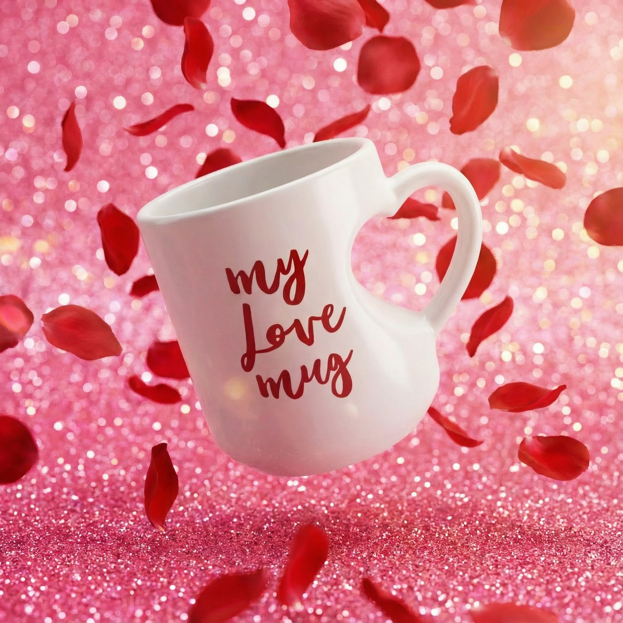 White mug with 'my love mug' text on a pink glittery background with red rose petals