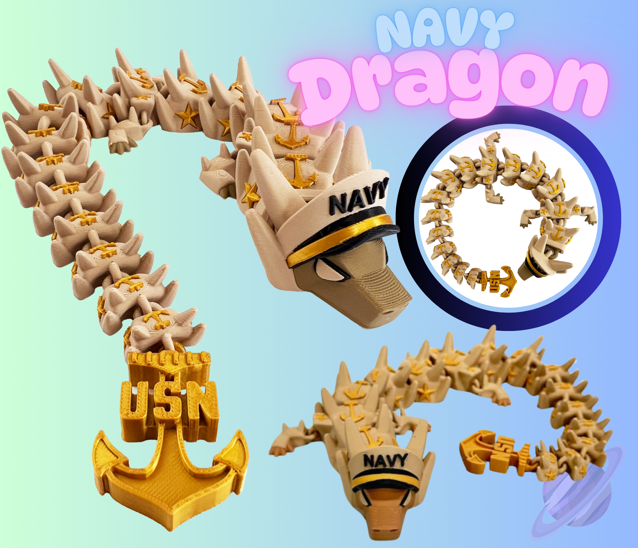 Toy dragon with US Navy theme on a light blue background