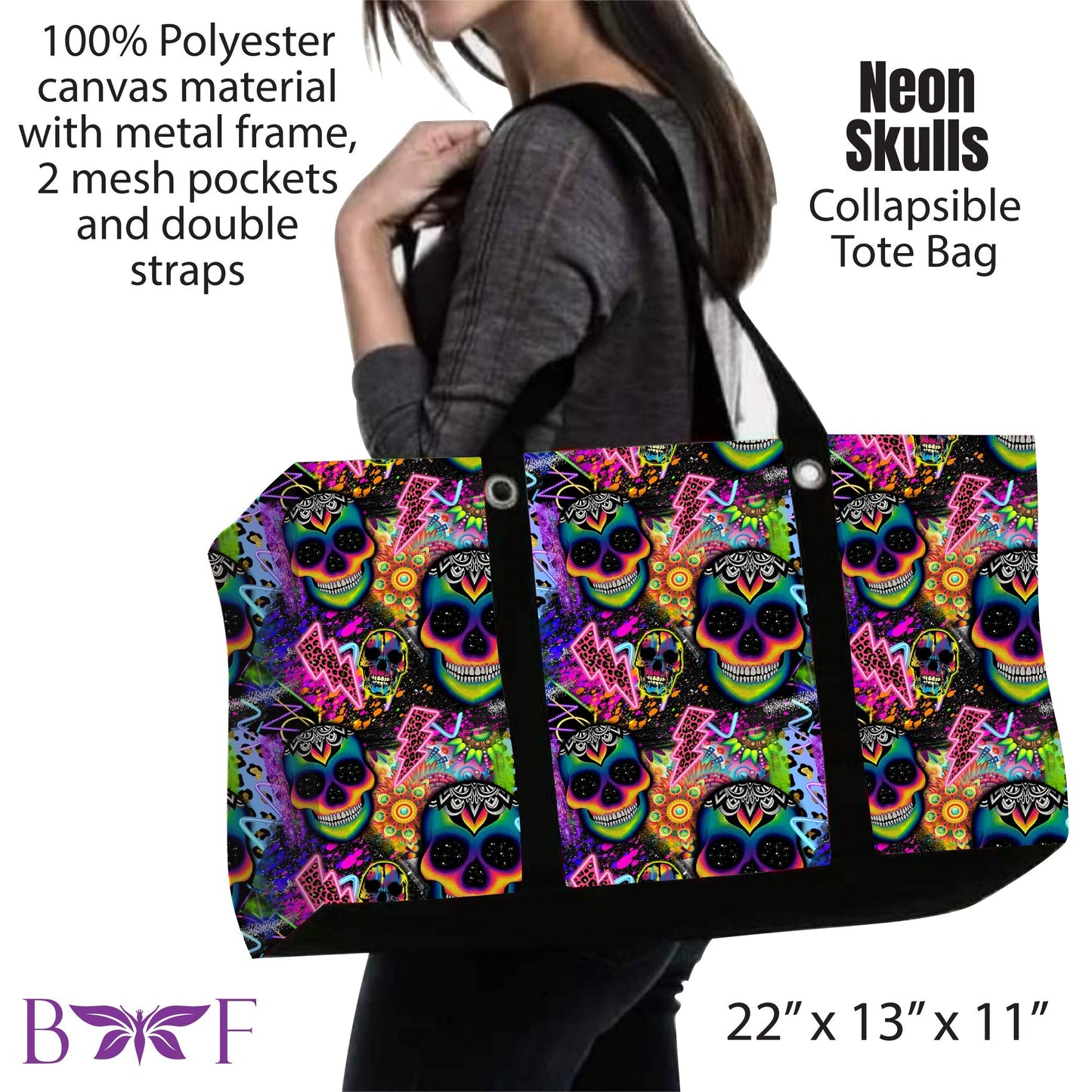 Neon Skulls Tote with 2 mesh pockets