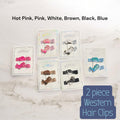 Six pairs of western hair clips on display cards, shown with text listing the available colors: Hot Pink, Pink, White, Brown, Black, and Blue. A blue badge in the corner reads '2 piece Western Hair Clips'.
