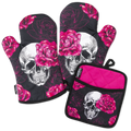 Pink Skull Rose Oven Mitts And Potholder Set