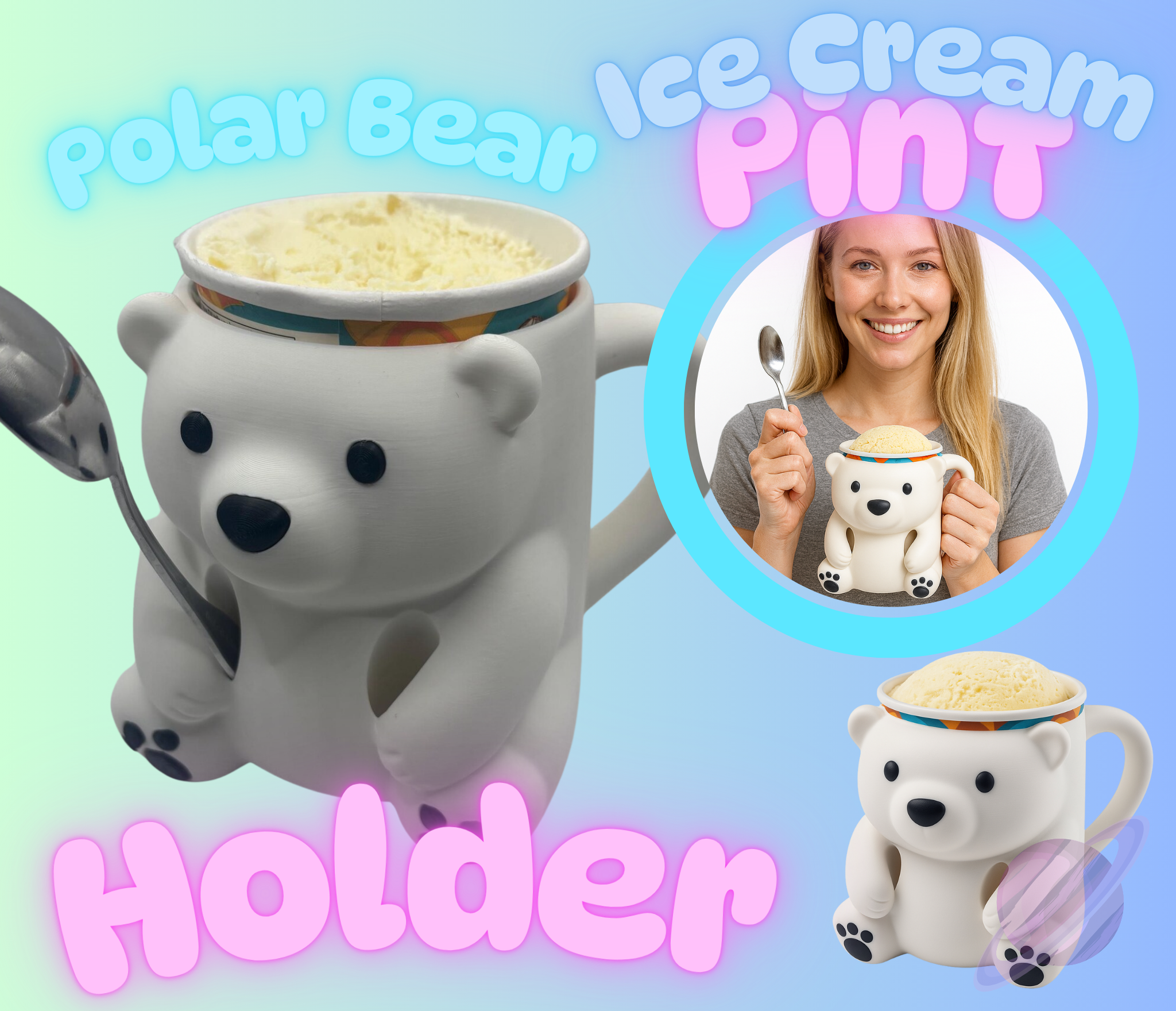 Polar bear ice cream pint holder with a woman holding it and an ice cream cone on a colorful background.