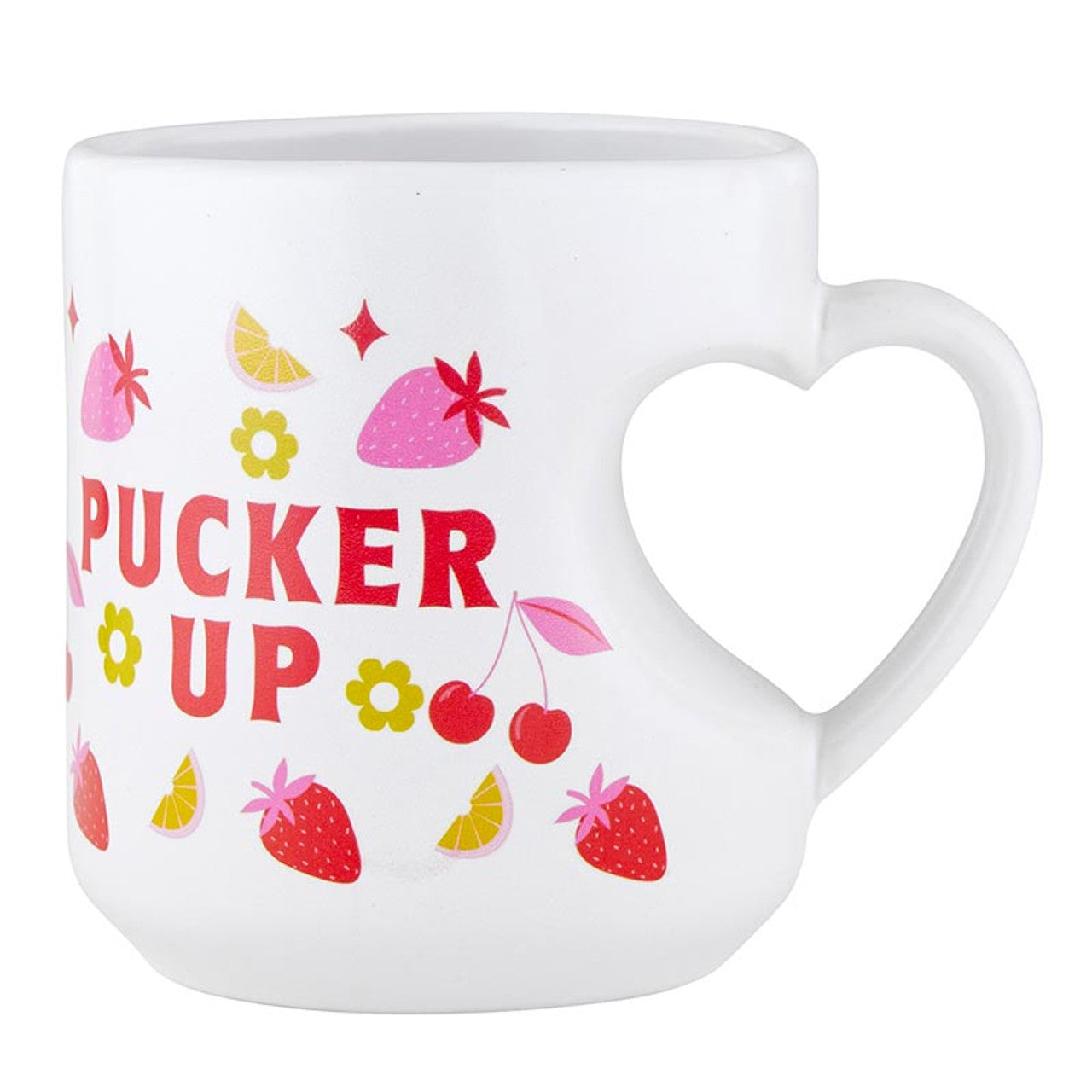 White mug with colorful designs and 'Pucker Up' text on a white background