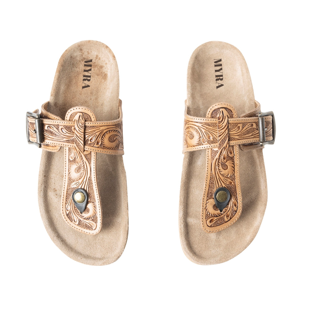 MYRA BALINDA RIDGE HAND-TOOLED LEATHER T-STRAP FLATS - WESTERN EMBOSSED Shoes