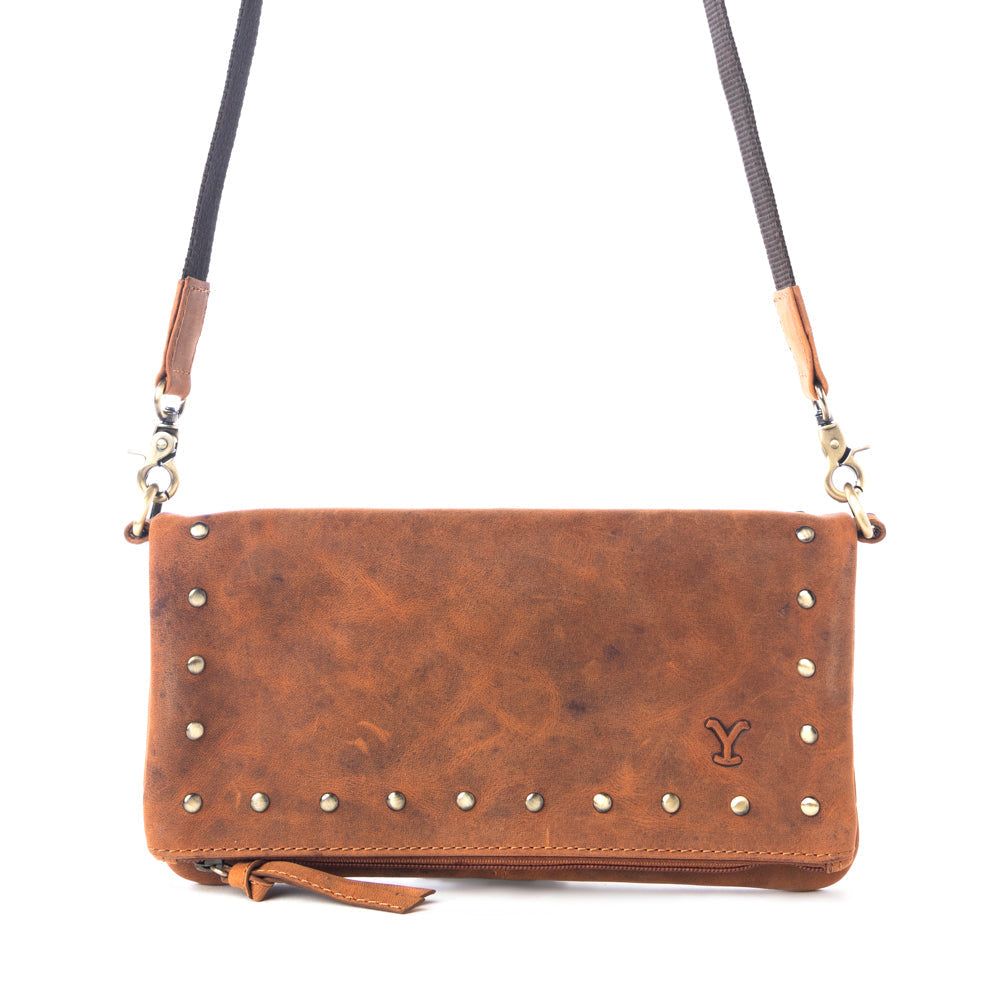 MYRA YELLOWSTONE PALISADE CLUTCH BAG WITH RIVETS IN AMBER Bags