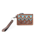 Brown leather wallet with turquoise accents on a white background